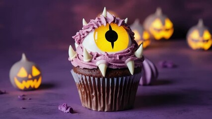 Enjoying a spooky Halloween cupcake with an eye design at a festive gathering - Powered by Adobe