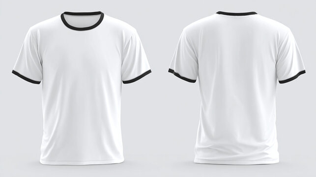 Front and back views of a white ringer t-shirt with black trim around the neck and sleeves against a simple gray background