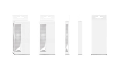 Thin tall white paper box with clear plastic window and euro slot. Front, side, back view. Realistic vector editable mock-up. Hanging carton. Mockup. Transparent container package. Template for design