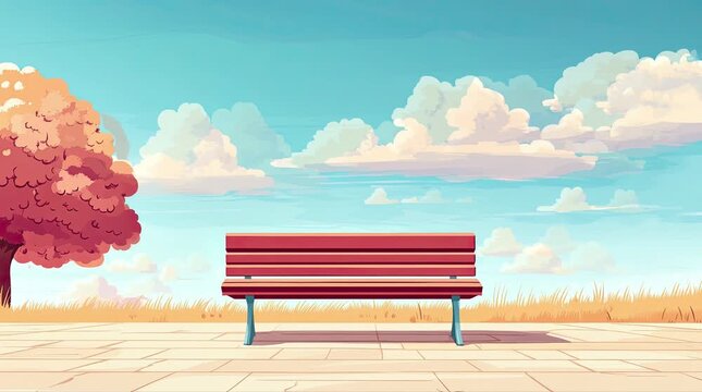 A view of a bench with a natural landscape and beautiful clouds. 4K animated video