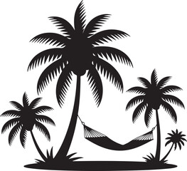 Fototapeta premium Tropical Paradise Silhouette with Palm Trees and Hammock a Vacation Getaway Illustration