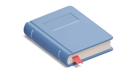 A closed light blue hardcover book with a red bookmark.