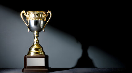 elite. A shining gold trophy on a velvet podium with dramatic spotlight. event key visuals, club posters, designed for fitness apps and gym onboarding, drives event promotion.