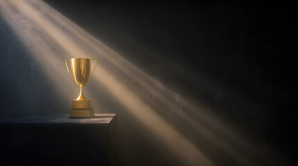 elite. A shining gold trophy on a velvet podium with dramatic spotlight. event key visuals, club posters, designed for fitness apps and gym onboarding, drives event promotion.