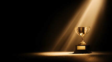 elite. A shining gold trophy on a velvet podium with dramatic spotlight. event key visuals, club posters, designed for fitness apps and gym onboarding, drives event promotion.