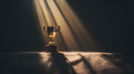 elite. A shining gold trophy on a velvet podium with dramatic spotlight. event key visuals, club posters, designed for fitness apps and gym onboarding, drives event promotion.