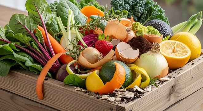 Fresh Produce and Food Waste in Wooden Crate. - Powered by Adobe