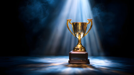 elite. A shining gold trophy on a velvet podium with dramatic spotlight. event key visuals, club posters, designed for fitness apps and gym onboarding, drives event promotion.