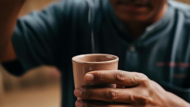 closeup of person pouring tea from handmade ceramic server into cup. quiet moment of ritual and mindfulness. wellness and lifestyle concepts.