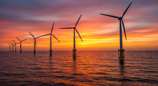 Wind turbines stand tall in the ocean at sunset, illustrating renewable energy production
