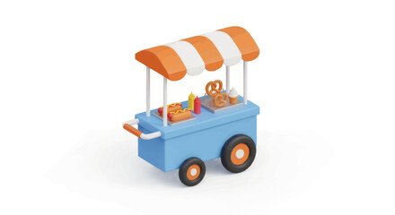 3D rendered blue food vendor cart with orange and white striped canopy offering snacks. © Ilma