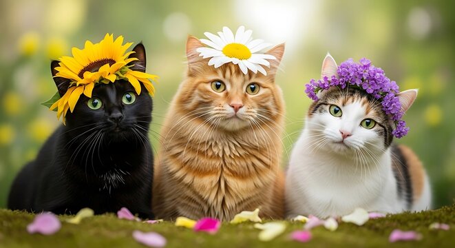 Three Cats Adorned with Flowers - A Whimsical Portrait of Feline Beauty.