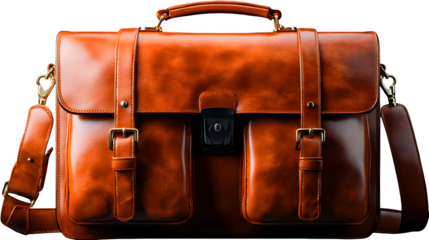 Multi-compartment briefcase with leather finish isolated on transparent background