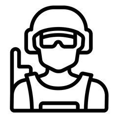 Special operation soldier line icon, police force concept. Vector graphics. Policeman with helmet, sunglasses and radio sign on white background, style icon mobile or web design.