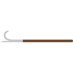 A simple cartoon illustration of a long brown stick with a curved gray hook on the left end on a transparent white background