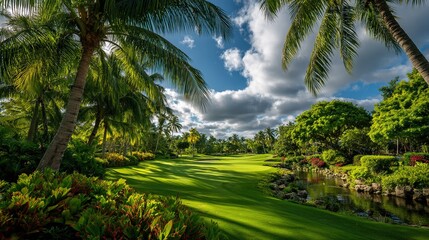 Obraz premium Water Pond, and Clubhouse Architecture — Wide Landscape Photography