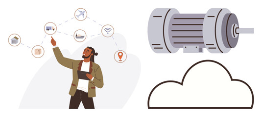 Engineer interacts with IoT icons representing networked devices via tablet. Depicts smart technology, automation, connectivity, cloud computing, data management, innovation, and industrial IoT. A