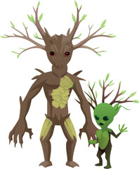 A cute cartoon reindeer illustration with large antlers stands in a winter nature scene near a Christmas tree