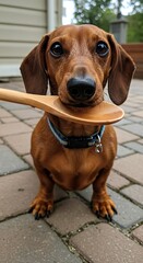 Adorable Dachshund Dog Holding Wooden Spoon in Mouth Outdoors.
