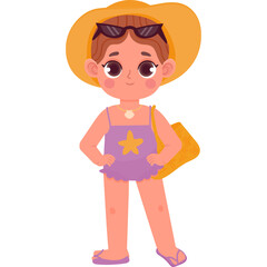 Cartoon Style Young Girl Wearing A Purple Swimsuit And Orange Sun Hat With Sunglasses And A Yellow Beach Bag Ready For Summer Vacation Fun