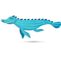Cartoon Sea Dragon Character With Blue Body And Spikes Swimming In Water With Shadow Below