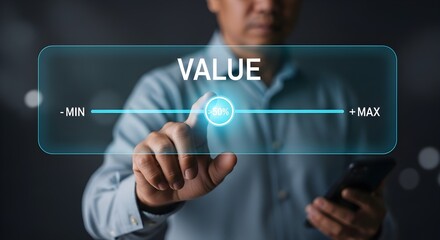 A man interacts with a digital slider labeled "VALUE" with min and max points, using his index finger, indicating adjustment or selection.