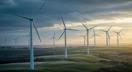 Fototapeta premium Wind turbines generate renewable energy on a hillside at sunset with clouds in the sky