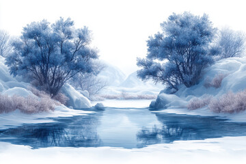Snowy landscape with icy river and frosted trees in winter landscape.