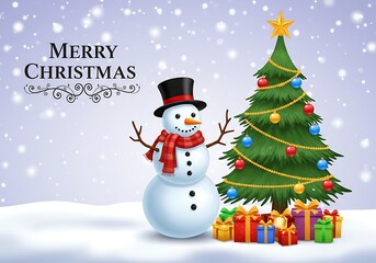 Fototapeta premium Merry Christmas Snowman and Christmas Tree with Gifts in Snowy Landscape.