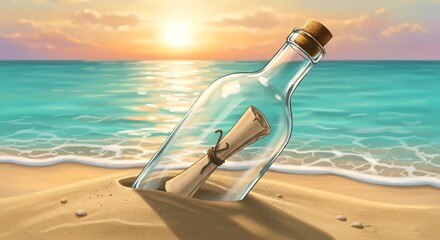 Message in a Bottle Washed Ashore on a Sandy Beach at Sunset.