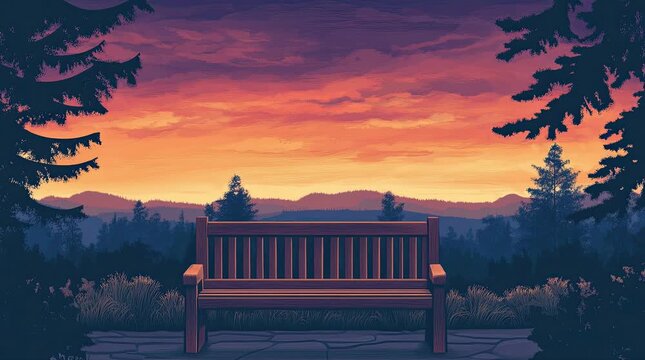 A view of a bench with a lake at dusk. 4K animated video