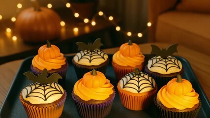 festive halloween cupcakes decorated with pumpkin and bat toppers on tray with warm golden fairy lights and cozy atmosphere, sweet dessert composition for holiday party and seasonal design - Powered by Adobe