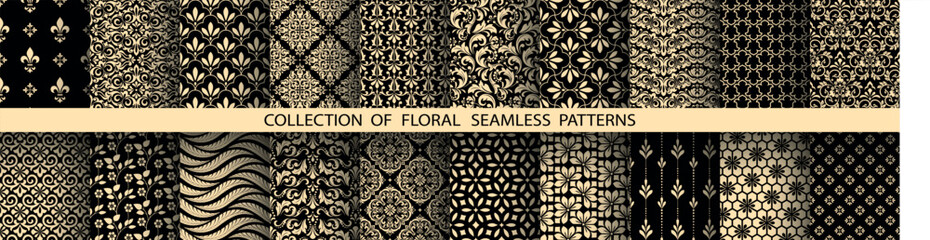Geometric floral set of seamless patterns. Golden and black vector backgrounds. Damask graphic ornaments