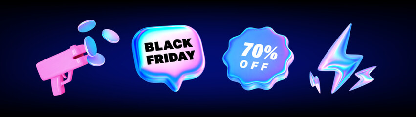 3d glass sale discount icons. Holographic speech bubble, sale round starburst badge sticker, money gun, hologram flash. Vector design element for sale, price, promotion, discount