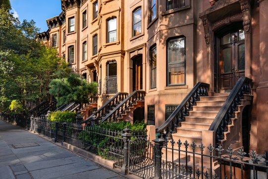 Row of historic brownstone townhouses in Park Slope Historic District, Brooklyn. Classic residential architecture in New York City, USA