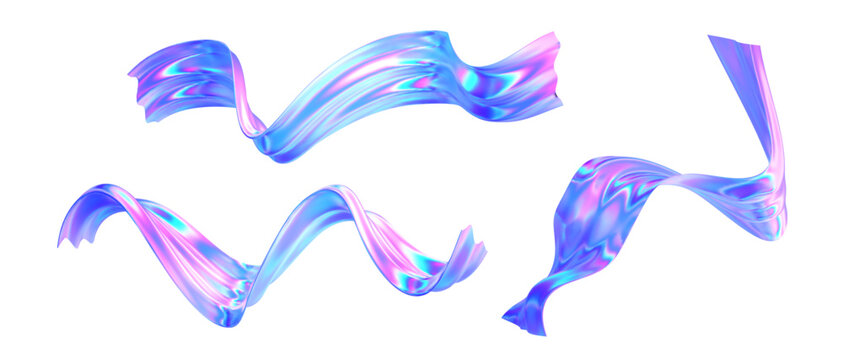 Set 3d glass abstract wave flying. Liquid hologram ribbon form hologram. Y2k curve, spiral, swirl shape iridescent texture. Holographic ribbon glass effect. Vector render futuristic illustration