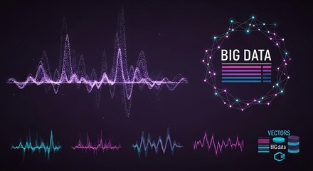 Naklejka premium Big Data Visualization with Sound Waves and Data Points.