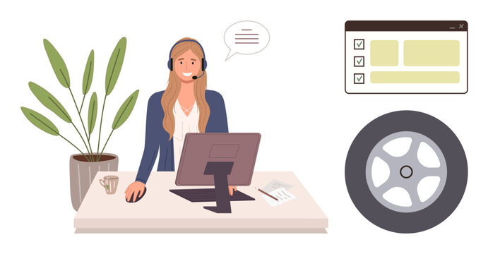Female professional engaging in customer service operations, accompanied by checklist and tire images. Ideal for service, customer support, automotive, remote work, business, productivity, simple