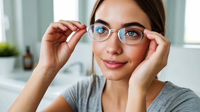 Young woman adjusting her clear prescription glasses, looking up with a thoughtful expression. Concept of vision correction and lifestyle