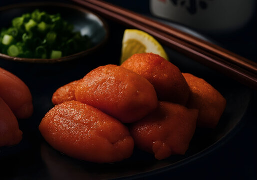 Spicy mentaiko roe close-up on black plate with garnish, Japanese cuisine in dark background