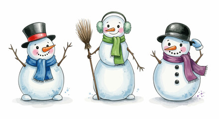Watercolor snowman illustration with soft artistic details perfect for winter holiday and Christmas themed designs.