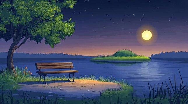 A view of a bench with a small island and the moon at night. 4K animated video