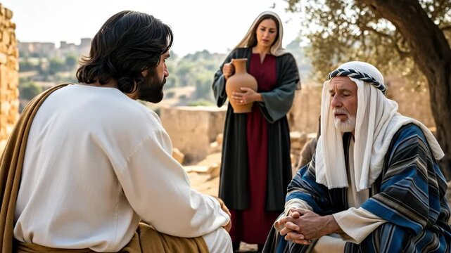 At night, Jesus explains the Gospel to the man, and the women listen to Him, demonstrating devotion and discipleship according to the Bible.