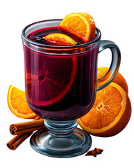 Hot mulled wine in a mug with orange slices and cinnamon sticks isolated on transparent background