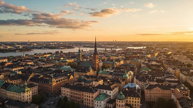 Aerial view of stockholms gamla stan during a golden hour sunset