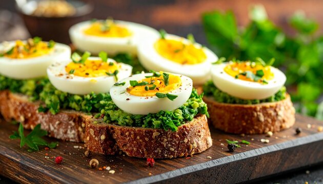 Delicious open faced sandwiches with sliced hardboiled eggs and herbs on whole grain bread, seasoned with spices