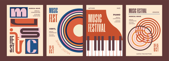 Retro Music Festival Posters Set. Vintage Jazz & Vinyl Design inspired by vintage typography, geometric shapes, and muted color palettes. Includes vinyl records, piano keys, and rhythmic line art.  © Natalia's Store