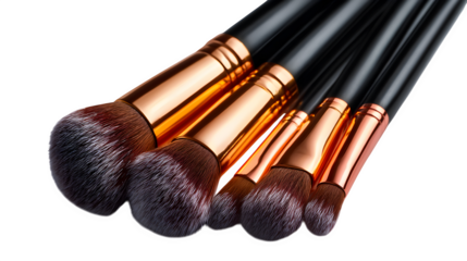 High quality, realistic photo of Set of makeup brushes rose gold with black handles, isolated on transparent background, product photography style