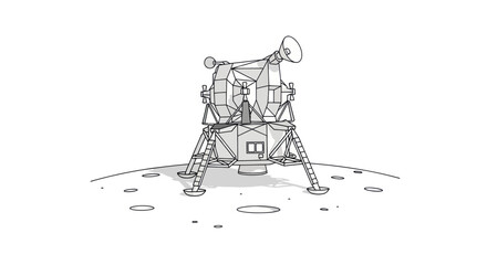 Detailed Line Art Illustration of Lunar Module on Moon Surface. © Leo