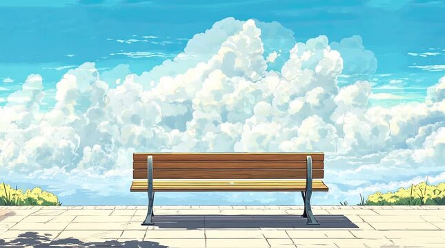 A view of a bench with beautiful white clouds. 4K animated video